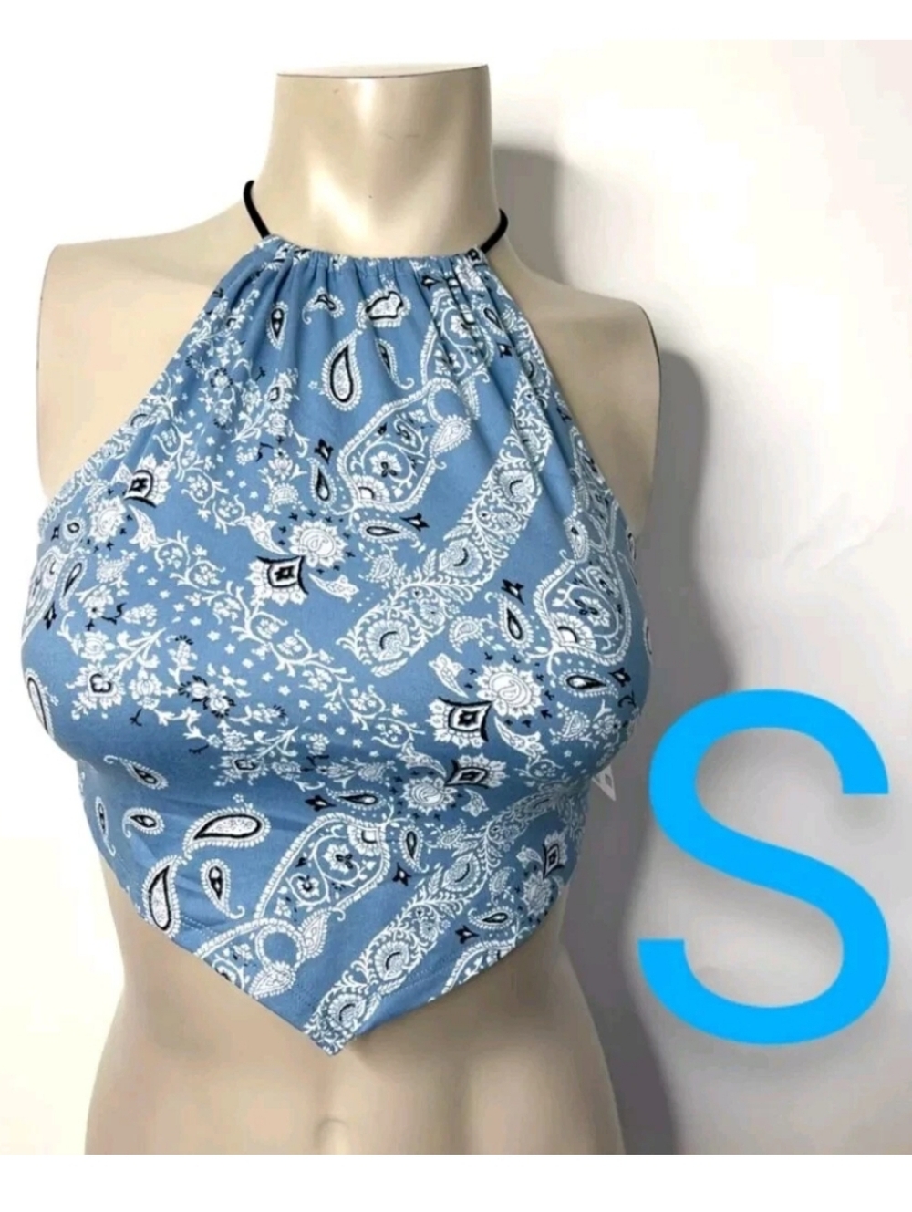 🆕Blue Bandana Handkerchief Halter Backless Crop Top   Size S